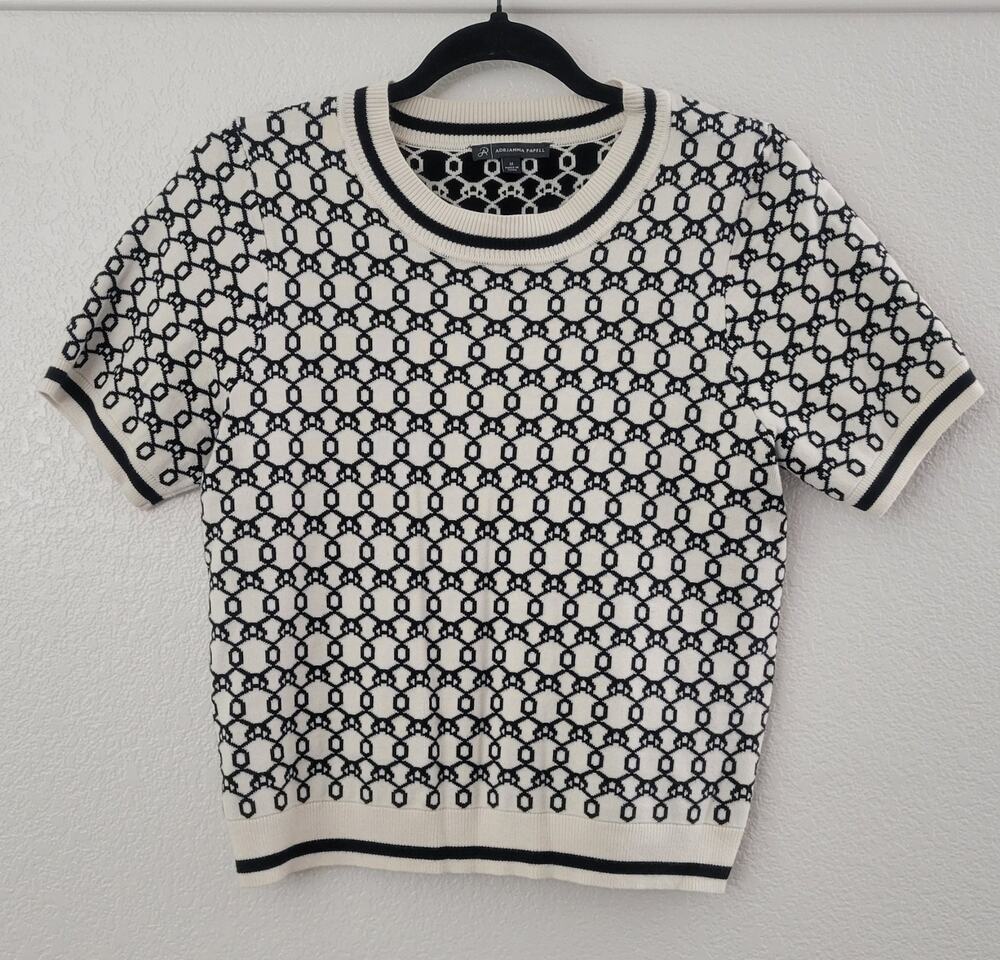 Adrianna Papell Sweater Womens Medium Black White Geometric Knit Short Sleeve